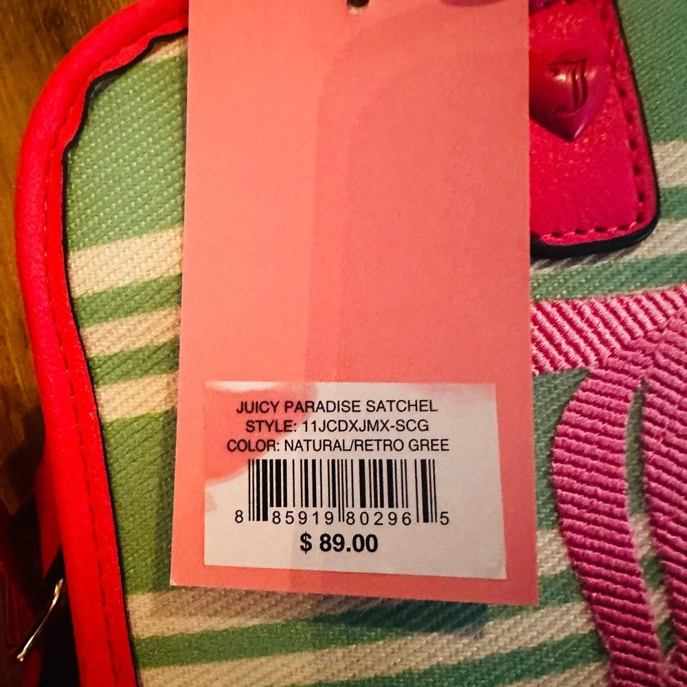 Juicy Couture Paradise Satchel Retro Green Pink Striped Crossbody NEW